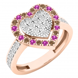 0.80 Carat (ctw) 14K Rose Gold Round Cut White & Champagne Diamond & Pink Sapphire Ladies Heart Shaped Bridal Engagement Ring