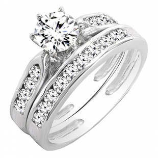 IGI Certified Round White Diamond Tapered Shank Wedding Ring Set for Women (1 ctw, Color I-J, Clarity I2-I3) in 10K White Gold