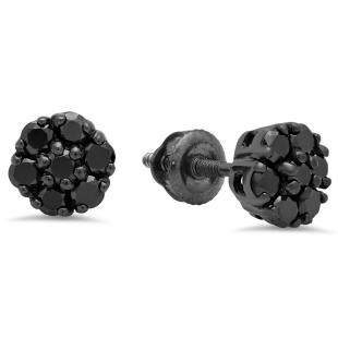 0.60 Carat (ctw) Black Rhodium Plated Sterling Silver Round Cut Black Diamond Cluster Flower Stud Earrings