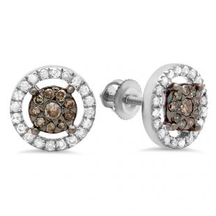 0.50 Carat (Ctw) 10K White Gold Round Champagne & White Diamond Ladies Cluster Style Stud Earrings 1/2 CT