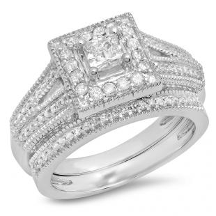 0.95 Carat (Ctw) 14K White Gold Princess & Round Cut White Diamond Ladies Split Shank Milgrain Bridal Engagement Ring With Matching Band Set