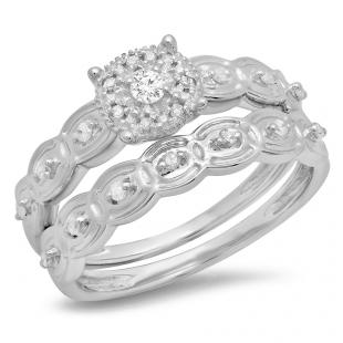 0.20 Carat (ctw) Sterling Silver Round Cut White Diamond Ladies Bridal Cluster Engagement Ring With Matching Band Set