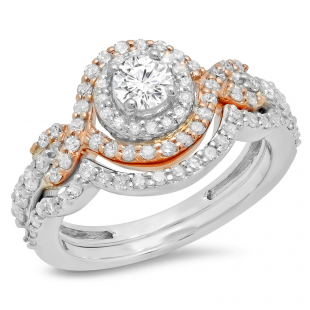 1.10 Carat (ctw) 14K White & Rose Gold Two Tone Round White Diamond Ladies Swirl Halo Bridal Engagement Ring Set