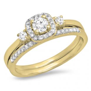 0.45 Carat (Ctw) 14K Yellow Gold Round White Diamond Ladies 3 Stone Halo Bridal Engagement Ring With Matching Band Set