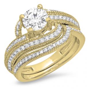 1.50 Carat (Ctw) 18K Yellow Gold Round Cut Diamond Ladies Twisted Bridal Engagement Ring With Matching Band Set 1 1/2 CT