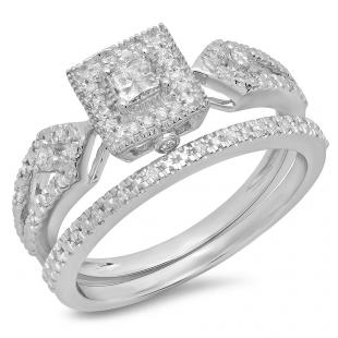 0.40 Carat (Ctw) 10k White Gold Princess & Round Diamond Ladies Bridal Engagement Ring Matching Band Set 1/2 CT