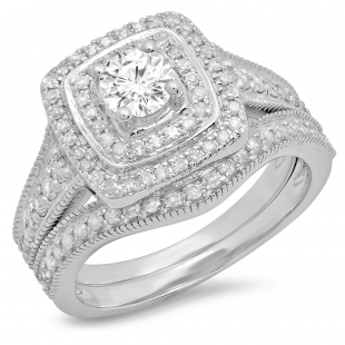 1.10 Carat (ctw) 10K White Gold Round Cut White Diamond Ladies Bridal Halo Engagement Ring With Matching Band Set