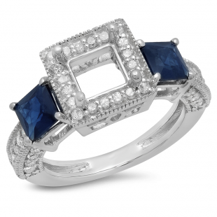 1.60 Carat (ctw) 14K White Gold Princess Cut Blue Sapphire & Round Cut White Diamond Ladies Semi Mount Engagement Bridal Ring (No Center Stone)