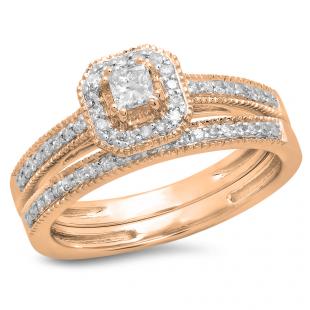 0.45 Carat (ctw) 10K Rose Gold Princess & Round White Diamond Ladies Milgrain Bridal Halo Engagement Ring With Matching Band Set 1/2 CT