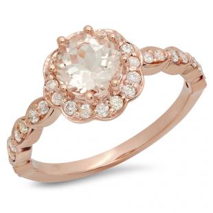 1.35 Carat (ctw) 14K Rose Gold Round Morganite & White Diamond Ladies Bridal Flower Shaped Halo Engagement Ring