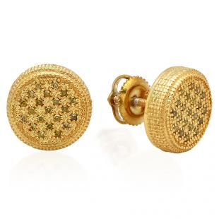 0.15 Carat (Ctw) Yellow Gold Plated Sterling Silver Real Round Yellow Diamond Cluster Ladies Stud Earrings