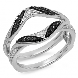 0.30 Carat (ctw) 10K White Gold Round Black & White Diamond Ladies Anniversary Wedding Band Guard Double Ring 1/3 CT