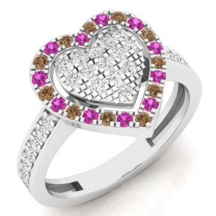0.65 Carat (ctw) 14K White Gold Round Cut White & Champagne Diamond & Pink Sapphire Ladies Heart Shaped Bridal Engagement Ring