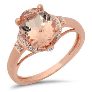 2.20 Carat (Ctw) 18K Rose Gold Oval Cut Morganite & Round Cut White Diamond Ladies Bridal Promise Engagement Ring