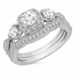 1.10 Carat (Ctw) 10K White Gold Round White Diamond Ladies 3 Stone Halo Style Bridal Engagement Ring With Matching Band Set 1 CT