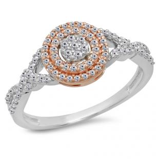 0.35 Carat (ctw) Two Tone Rose Gold Plated 14K White Gold Round Diamond Ladies Swirl Split Shank Bridal Cluster Engagement Ring 1/3 CT