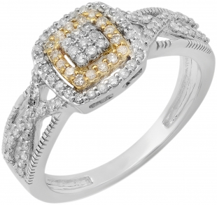 0.45 Carat (ctw) 14K White & Yellow Gold Two Tone Round Diamond Ladies Swirl Split Shank Bridal Cluster Engagement Ring 1/2 CT