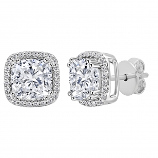2.68 Cttw Cushion & Round Cubic Zirconia Double Prong Stud Earrings, 925 Sterling Silver in Push Back