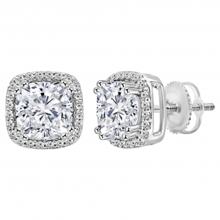 2.68 Cttw Cushion & Round Cubic Zirconia Double Prong Stud Earrings, 925 Sterling Silver in Screw Back