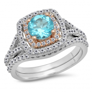 1.85 Carat (Ctw) Two Tone Rose Gold Plated 14K White Gold Round Cut Blue Topaz & White Diamond Ladies Bridal Split Shank Halo Engagement Ring With Matching Band Set