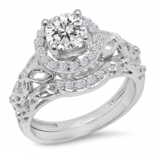 1.15 Carat (ctw) 14K White Gold Round White Diamond Ladies Bridal Vintage Style Halo Engagement Ring With Matching Band Set