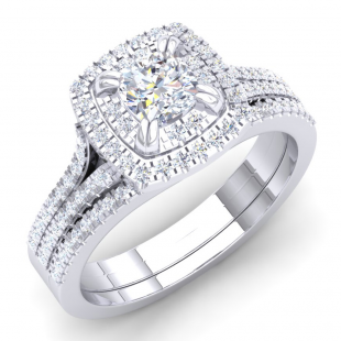 1.00 Carat (Ctw) 10K White Gold Princess & Round Cut White Diamond Ladies Bridal Split Shank Cushion Shaped Engagement Ring With Matching Band Set 1 CT