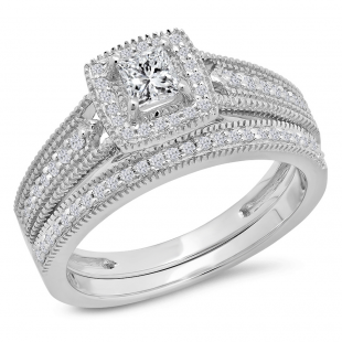 0.70 Carat (Ctw) 10K White Gold Princess & Round White Diamond Ladies Milgrain Bridal Halo Engagement Ring With Matching Band Set 3/4 CT