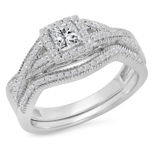 0.70 Carat (Ctw) 10K White Gold Princess & Round Cut White Diamond Ladies Bridal Swirl Halo Style Split Shank Engagement Ring With Matching Band Set 3/4 CT