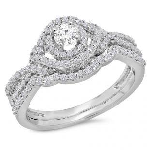0.75 Carat (Ctw) 18K White Gold Round Cut White Diamond Ladies Bridal Swirl Halo Style Split Shank Engagement Ring With Matching Band Set 3/4 CT