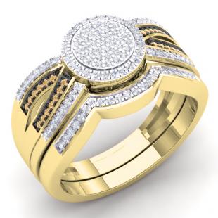 0.40 Carat (Ctw) 14K Yellow Gold Round Champagne & White Diamond Ladies Micro Pave Swirl Split Shank Engagement Ring Set