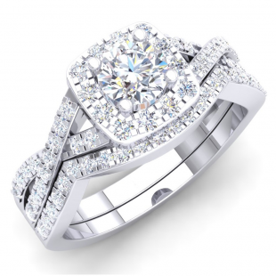 1.00 Carat (Ctw) 10K White Gold Round Cut Diamond Ladies Swirl Split Shank Bridal Halo Engagement Ring With Matching Band Set 1 CT