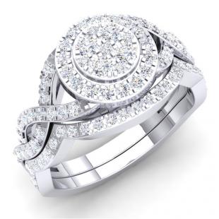 0.78 Carat (Ctw) 10K White Gold Round Diamond Ladies Swirl Split Shank Cluster Engagement Ring With Matching Band Set 3/4 CT