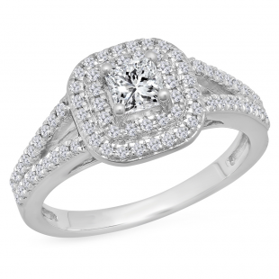 1.00 Carat (Ctw) 14K White Gold Princess & Round Cut White Diamond Ladies Split Shank Halo Bridal Engagement Ring 1 CT