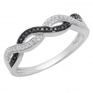 0.15 Carat (Ctw) Sterling Silver Round Cut Black & White Diamond Ladies Bridal Swirl Anniversary Wedding Stackable Band