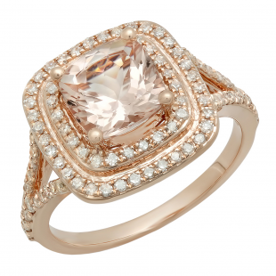 2.20 Carat (ctw) 18K Rose Gold Cushion Cut Morganite and Round Cut White Diamond Ladies Split Shank Halo Bridal Engagement Ring