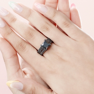 Princess & Round Black Diamond 3 Row Engagement Ring for Women (5.00 ctw Color Black Clarity Opaque) in 10K White Gold