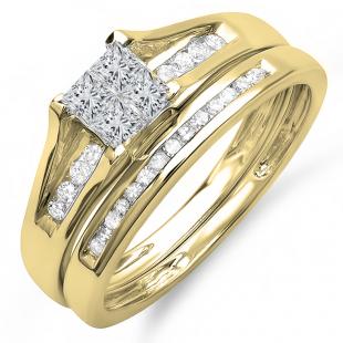 0.50 Carat (ctw) 18K Yellow Gold Round & Princess Cut White Diamond Ladies Bridal Engagement Ring With Matching Band Set 1/2 CT