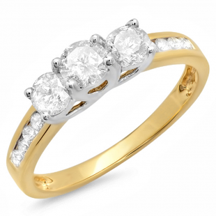 1.00 Carat (ctw) 10K Yellow Gold Round Diamond Ladies 3 Stone Engagement Bridal Ring 1 CT