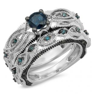1.05 Carat (ctw) 10K White Gold Round Cut Blue Diamond Ladies Bridal Vintage Style Engagement Ring With Matching Band Set 1 CT