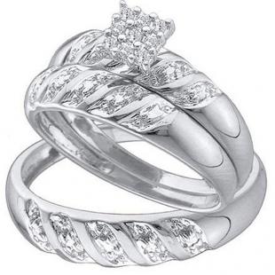 0.10 Carat (ctw) 10K White Gold Round White Diamond Men & Women's Cluster Engagement Ring Trio Bridal Set 1/10 CT