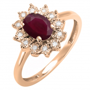 1.10 Carat (ctw) Kate Middleton Diana Inspired 10K Rose Gold Round Real Diamond & Oval Ruby Royal Engagement Ring 1 CT