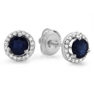 1.13 Carat (ctw) 14K White Gold Round Blue Sapphire & White Diamond Ladies Halo Style Stud Earrings 1 CT