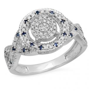 0.34 Carat (ctw) Sterling Silver Round Blue Sapphire & White Diamond Ladies Micro Pave Engagement Ring 1/3 CT