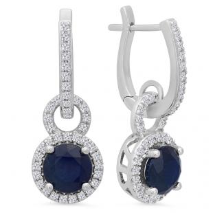 3.40 Carat (ctw) Sterling Silver Round Cut Blue Sapphire & White Diamond Ladies Halo Style Dangling Drop Earrings