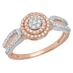 0.45 Carat (ctw) Two Tone Rose Gold Plated 10K White Gold Round White Diamond Ladies Swirl Split Shank Bridal Cluster Engagement Ring