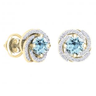 2.25 Carat (ctw) 18K Yellow Gold Round Cut Aquamarine & White Diamond Ladies Halo Style Stud Earrings