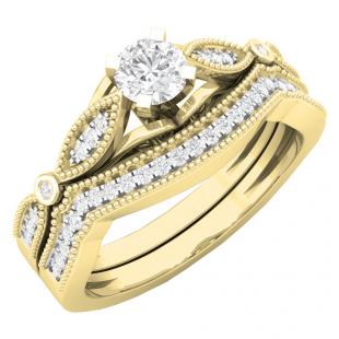0.50 Carat (ctw) 18K Yellow Gold Round White Diamond Ladies Milgrain Bridal Engagement Ring With Matching Band Set 1/2 CT