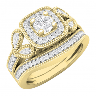 0.80 Carat (ctw) 18K Yellow Gold Round Cut Diamond Ladies Bridal Vintage Style Halo Engagement Ring With Matching Band Set 3/4 CT
