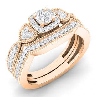 0.70 Carat (ctw) 18K Rose Gold Round Cut Diamond Ladies Bridal Vintage Style Halo Engagement Ring With Matching Band Set 3/4 CT