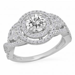 1.30 Carat (ctw) 14K White Gold Round Cut Moissanite & White Diamond Ladies Swirl Bridal Halo Engagement Ring